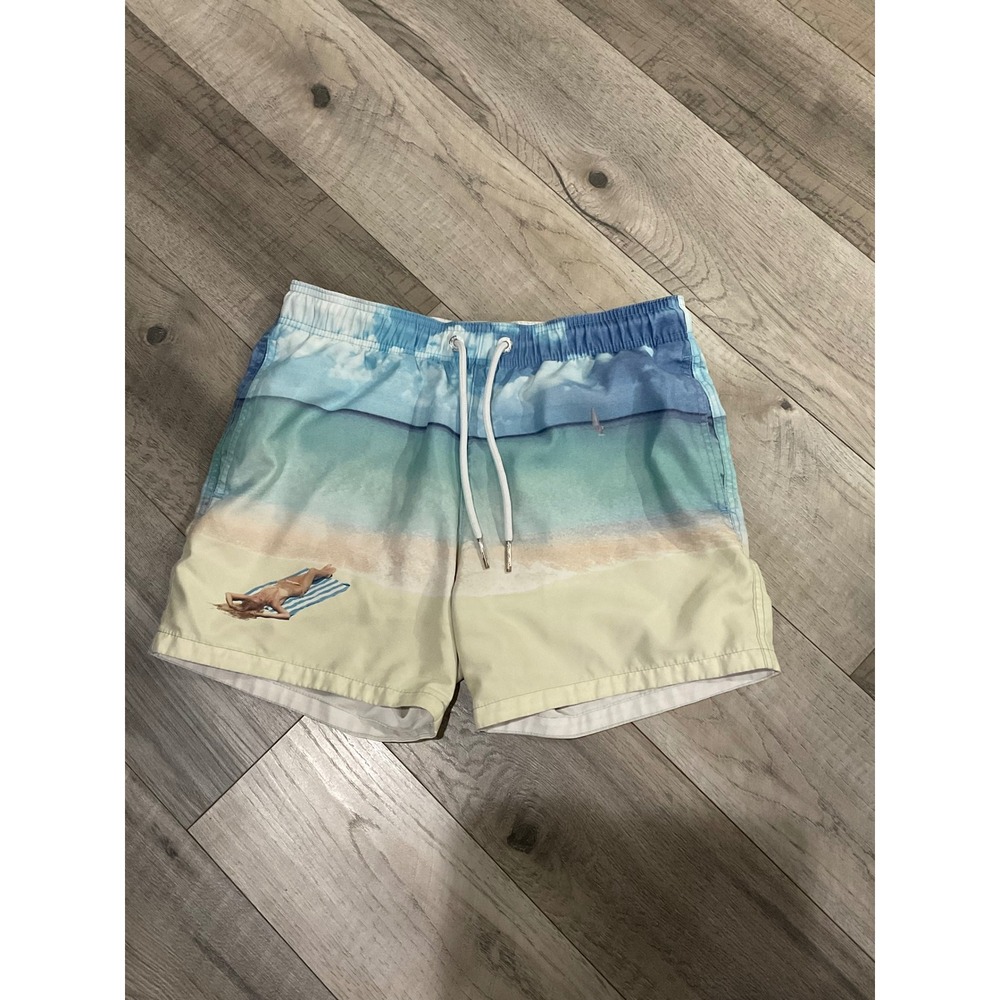 Abercrombie & Fitch Mens Beach Scene Print Swim Trunks Blue Tan Medium 5‎ Inch